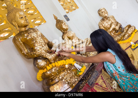 Eine junge Frau schmückt die Statue Budhha im buddhistischen Tempel Stockfoto