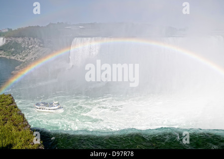 Das Mädchen des Nebels ist eine Bootstour von Niagara Falls. Zeigt auch den Rand des Wasserfalls. Stockfoto