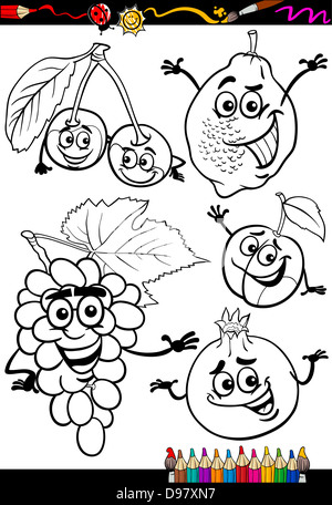 Malbuch oder Seite Cartoon Illustration von Schwarz und weiß Obst essen Comic-Figuren Set für Kindausbildung Stockfoto