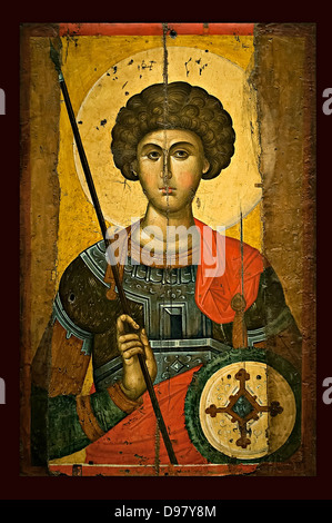 Saint George-authentische orthodoxen byzantinischen Ikone - Constantinople Workshop 14. Jahrhundert im byzantinischen Museum Athen ausgestellt Stockfoto