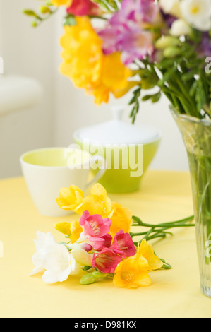 Eine kleine Gruppe von gelb, rot, lila, rosa und weißen Freesien auf einer gelben Tischdecke neben einer Glasvase der gleichen Blumen. Stockfoto