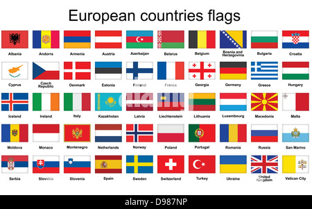 Rechteck-Schaltflächen mit den Flaggen der europäischen Länder Stockfoto