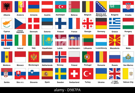 Satz von quadratischen Symbole mit den Flaggen Europas Stockfoto