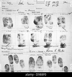 Fingerprint Karte von Rosa Parks Zivilprozess 1147 Browder, et al. v. Gayle, et al; U.S. District Court für mittleren Bezirk von Alabama, im Norden (Montgomery) Abteilung Record Gruppe 21: Aufzeichnungen des District Court des United States National Archives und Aufzeichnungen Administration-Southeast Region, East Point, GA. 1955. Rosa Louise McCauley Parks (1813-2005), amerikanischer Bürgerrechtler war für die Ablehnung von ihrem Platz auf einem getrennten Montgomery Bus am 1. Dezember 1955 zu verschieben verhaftet. Stockfoto