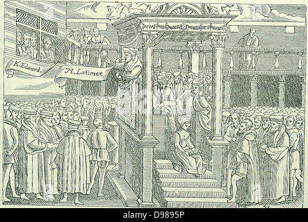 Hugh Latimer (c1485-1555) englischen protestantischen Märtyrer, Predigt vor Edward VI. Unter der römisch-katholischen Maria ich er auf dem Scheiterhaufen, mit Ridley und Cranmer in Oxford verbrannt war. Aus Foxes 'Buch der Märtyrer' 1563. Stockfoto