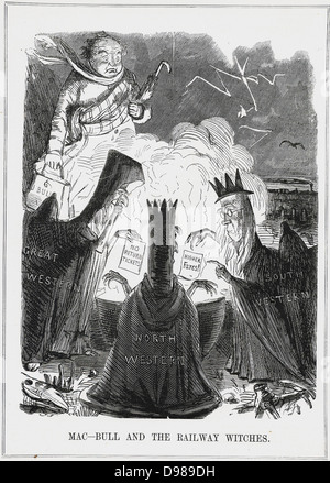 Der englische Reisende, in der Form von John Bull, Suche in Horror, was die Eisenbahnunternehmen Planung für ihn waren. John Leech Karikatur aus 'Lochen', London, 1848. Stockfoto