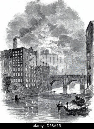 Manchester in der Nacht: Blackfriars Bridge und einen Blick auf Baumwollspinnereien vom Fluss Irwell zeigt die Mühle Fenster leuchtet wie eine Nachtschicht am Werk war. C1850-Gravur. Stockfoto