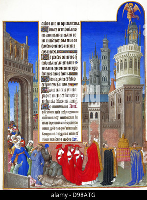 Folio 71v von Les Très Riches Heures du Duc de Berry zeigt Gregor führenden einer Prozession um die Stadt für die Atempause von der Pest zu plädieren. Einer der Mönche hat die Krankheit gefallen. Les Très Riches Heures ist ein Buch der Stunden, die im 15. Jahrhundert gemalt von die Brüder Van Limburg und von Jean Colombe abgeschlossen Stockfoto