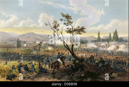 Schlacht von der Schlacht von Churubusco, 20. August 1847, Mexikanisch-Amerikanischen Krieg 1846-1848. American unter dem Kommando von General Winfield Scott besiegten Mexikaner Gebot durch Generäle Manuel Rincon und Pedro Anaya. Handcolorierte Lithographie, 1851. Stockfoto