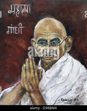 Mohondas Karamchand Gandhi (1869-1948), bekannt als Mahatma (große Seele) indischen nationalistischen Führer. Gemälde von Renucci, 1982. Auflistung der indische Botschafter in Paris. Stockfoto