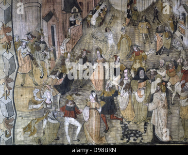 Le Mystere de la Vengeance de Notre Seigneur (Geschichte der Rache unsers Herrn Jesus Christus) Mittelalterliches Mysterienspiel um die Zerstörung Jerusalems während des Jüdischen Krieges von 66-70. Details anzeigen Juden tanzen in Jerusalem, um den Klang der Flöte, Pauken und Geigen. Anonyme Malerei c 1630. Stockfoto