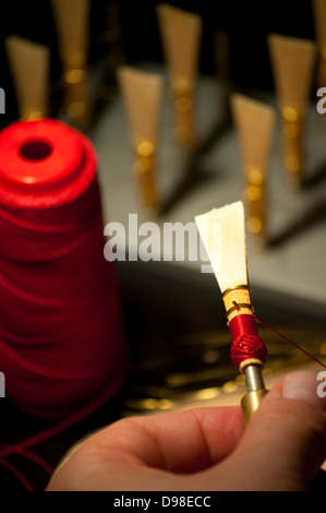 Das Fagott Schilf mit roten Baumwollfaden verbindlich nach dem Trocknen auf dem rack Stockfoto