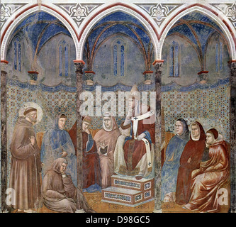 Giotto di Bondone Freskenzyklus für das Leben des Heiligen Franziskus von Assisi-Franziskus vor Papst Honorius III., 1296-98 Stockfoto