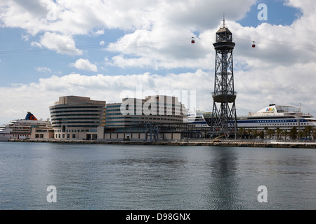 Barcelona Port Vell, dem alten Hafen Hafenviertel einschließlich Torre jaume1 und Welthandel Mitte Katalonien Spanien Stockfoto