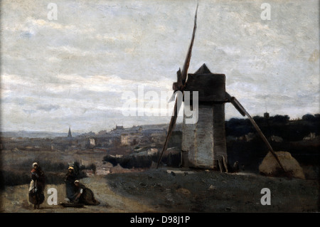 Eine Windmühle, Etretat" Öl auf Holz, von Jean-Baptiste Camille Corot (1796-1875) Französische Künstler, führenden Maler der Schule von Barbizon. Etretat, Normandie, Frankreich. Stockfoto