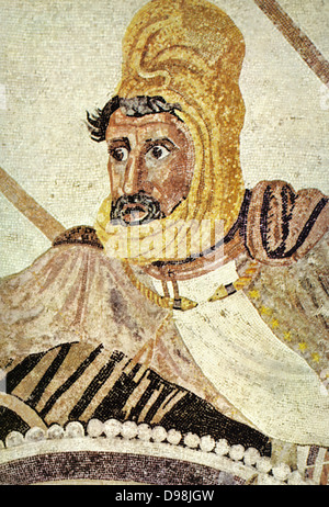 Die Alexander Mosaik, dating von ca. 100 v. Chr., ist ein berühmtes römisches Fußbodenmosaik, die ursprünglich aus dem Haus des Faun in Pompeji. Es zeigt einen Kampf zwischen den Armeen von Alexander dem Großen und Darius III. von Persien und Maßnahmen 5.82 x 3.13 m (19 ft x 10 ft 3 in.). Das Mosaik zeigt eine Schlacht, in der Alexander konfrontiert und versuchten zu erfassen oder Darius töten. Alexander besiegt den persischen Führer zweimal, zuerst an der 333 v. Chr. Schlacht bei Issus und zwei Jahre später in der Schlacht von gaugamela. Die Arbeit ist traditionell geglaubt, der Schlacht von Issus zu zeigen. Details anzeigen Darius von Persien. Stockfoto