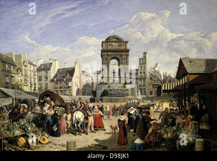Blick auf den Markt und Brunnen der Unschuldigen", Paris, 1822. Öl auf Leinwand. John James Chalon (1778-1854) britische Maler. Belebten Markt Szene mit Obst und Gemüse Stände, Einkäufer und von Pferden gezogenen Wagen. Stockfoto