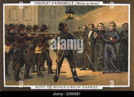 Pariser Kommune 26 März-28 Mai 1871. Die Blutige Woche: Hinrichtung von Geiseln durch die Gemeinde. Mgr Darboy, Erzbischof von Paris, und 5 andere Geiseln erschossen im Gefängnis von La Roquette auf Befehl von Theophile Ferre, am 24. Mai. Chromolithograph. Stockfoto