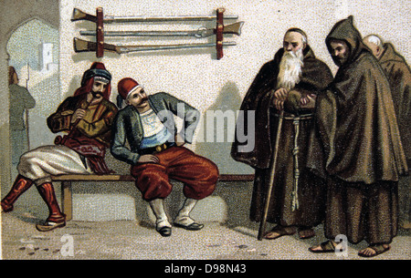 Das Massaker an den Armeniern durch die Osmanischen Türken unter Abdul Hamid, 1895-1896 Christian Capucin Mönche in Malatya, Anatolien, gefangen gehalten. Religiösen Konflikt Türkei Handel Karte Französisch Chromolithograph Stockfoto