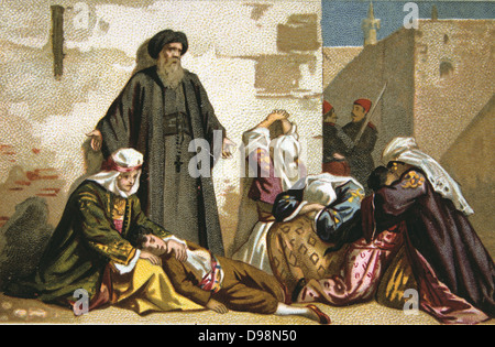 Das Massaker an den Armeniern durch die Osmanischen Türken unter Abdul Hamid, 1895-1896 christlichen Gefangenen in Arabkir, Malatya Provinz, Anatolien. Religiösen Konflikt Türkei Handel Karte Französisch Chromolithograph Stockfoto