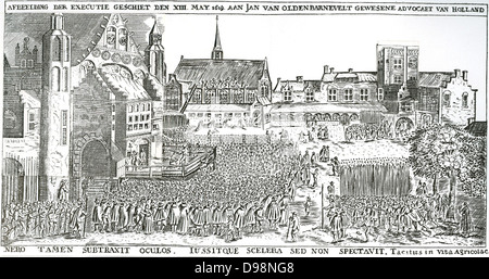 Johan van Oldenbarnevelt, Herr von Berkel en Rodenrijs (1547-1619), niederländischer Staatsmann, der eine wichtige Rolle im Kampf für die Unabhängigkeit von Spanien gespielt. Am 23. August 1618, im Auftrag der Generalstaaten, Oldenbarnevelt und seine Unterstützer, Hugo Grotius, Gilles van Ledenberg, Rombout Hogerbeets und Jakob de Graeff Dircksz, verhaftet wurden oder ihre politischen Positionen in der Regierung verloren. Er war in Den Haag im Mai 1619 ausgeführt Stockfoto