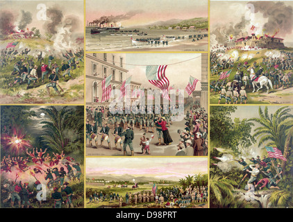 Spanish-Cuban-amerikanischen Krieg 1898: US-Truppen Anruf Annehmen ihres Landes (Mitte) durch Motive der verschiedenen Episoden umgeben, darunter auch der Fall der Spanisch-El Caney in der Nähe von Santiago de Cuba am 1. Juli. Drucken c 1899. Stockfoto