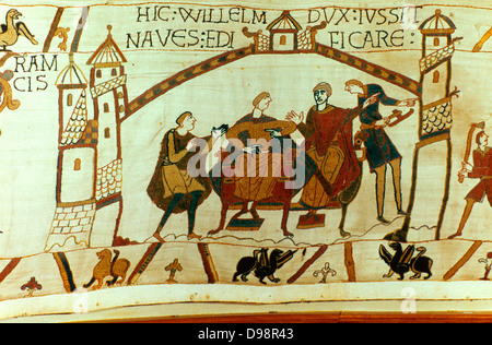 Bayeux 1067. Wilhelm von der Normandie (William der Eroberer) erzählt von dem Tod von Edward dem Bekenner und Krönung des Harold II. als König von England. Das Sitzen auf der rechten Seite ist William's Halbbruder Bischof Odo von Bayeux. Textilwaren Stockfoto