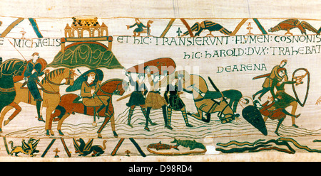 Bayeux 1067: Harold Godwinson, Earl of Wessex (später Harold II. von England) rettet William von Soldaten der Normandie aus Treibsand, wie sie in der Bretagne in der Nähe von Mont St Michel, 1064 Soldat Reiter Schild Schwert Textile Kreuz Stockfoto