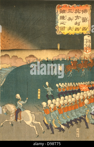 Französische und britische Truppen in das militärische Training Manöver, Yokohama, Japan. Teil des Triptychon von taiso Yoshitoshi (1839-1892) japanischen Ukiyo-e Künstlers. Infanterie Feld Artilleriegeschützen Stockfoto