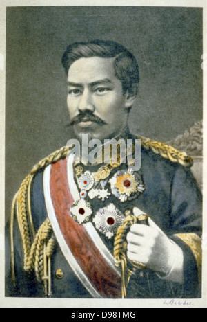 Mutsuhito, Kaiser Meiji (1852-1912) 122 Kaiser von Japan von 1867. Während seiner Herrschaft Japan machte großen politischen, sozialen und industriellen Veränderungen und wurde zu einer Weltmacht. Kopf und Schultern portrait in Uniform. Stockfoto