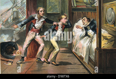 Kampf der Nil (Schlacht von aboukir Bay) 1. August 1798: Französische revolutionäre Kriege. Kapitän Casabianca und sein Sohn auf die Französische Flaggschiff "Orient", die sich mit dem Verlust von mehr als 1.000 Männern explodiert. Handel Karte Chromolithograph Stockfoto