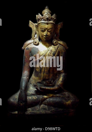 Buddha Maravijaya Pare. Birma (Myanmar) XV-XVI Jh. Bronze vergoldet und bemalt Stockfoto