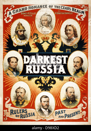 Dunkelsten Russland eine große Romanze von Reich des Zaren. Plakat durch amerikanische Künstler Sidney Ellis 1850-1931. c 1895. Bildunterschrift: Herrscher von Russland, Vergangenheit und Gegenwart: "Ivan der Schreckliche"... Nikolaus II. Stockfoto