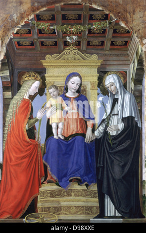 Die Jungfrau und Kind mit Heiligen', c 1490. Öl auf Pappelholz. Ambrogio Bergognone (Aktiv 1481 DC 1523) italienischer Maler. Jungfrau in der blauen Robe, thront, die Hand der Katharina von Siena mit Lily, Katharina von Alexandria mit Rad. Reinheit Stockfoto