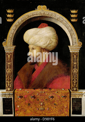 Mehmet II (März 30, 1432 - Mai 3, 1481) (auch als "El-F bekannt? ti? "Der Eroberer" Sultan des Osmanischen Reiches (Rûm, bis die Eroberung) für eine kurze Zeit von 1444 bis September 1446 und von Februar 1451 bis 1481. Portrait von Mehmet II von venezianischen Künstler Gentile Bellini Stockfoto