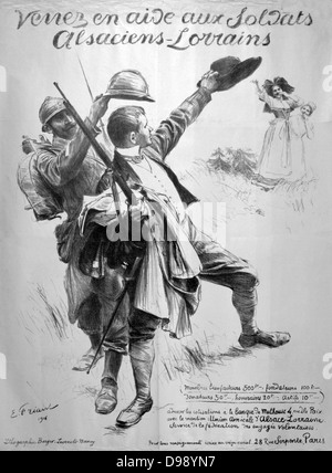 Weltkrieg 1914-1918. Französisches Plakat fordert Hilfe für Elsass-Lothringen, 1916... Stockfoto