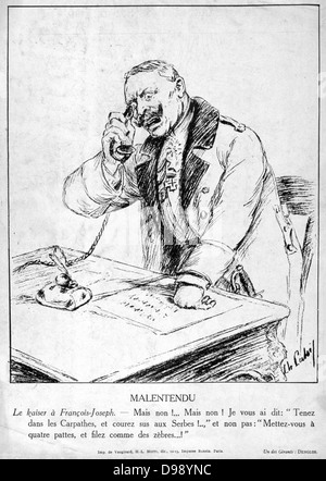 Weltkrieg 1914-1918. Bin isunderstanding", Karikatur von Wilhelm II., Deutscher Kaiser, schreien das Telefon an Franz-Joseph der österreichische Kaiser für das Tun nicht das, was er gesagt hat. Von "Le Pays de France", vom 7. Januar 1915. Stockfoto