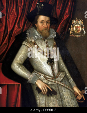 Portrait von James I von John de Critz - zeigt ihn als sehr Fußgängerzone Maler, James ist steif und Holz. James VI. und ich (19. Juni 1566 bis 27. März 1625) war König von Scots als James VI vom 24. Juli 1567 und der König von England und Irland als James I aus der Union der Englischen und Schottischen Kronen am 24. März 1603 bis zu seinem Tod Stockfoto