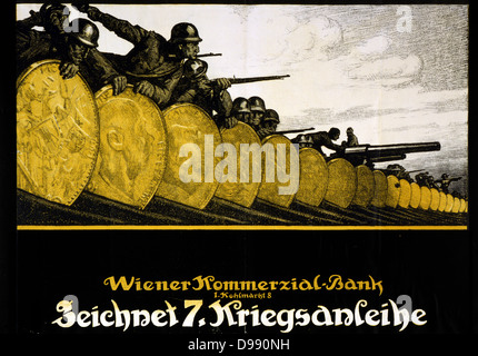 Weltkrieg 1914-1918. Abonnieren Sie den 7. Weltkrieg Darlehen, Wien Commercial Bank. Österreichische Plakat zeigt Soldaten und ihre Waffen hinter einer Barrikade aus Gold, 1917. Die öffentlichen Finanzen Anleihen Stockfoto