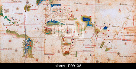 Die cantino Erdkarte (oder cantino Weltkarte) ist die früheste erhaltene Karte mit portugiesischen Entdeckungen in Ost und West. Es ist nach Alberto Cantino, ein Agent für den Herzog von Ferrara, der es erfolgreich von Portugal bis Italien 1502 geschmuggelt benannt. Die Karte ist besonders bemerkenswert für die Darstellung einer fragmentarischen Aufzeichnung der brasilianischen Küste, im Jahre 1500 von dem portugiesischen Entdecker Pedro Álvares Cabral, der vermutet, dass er auf einem Kontinent bisher unbekannte auf Europäer gelandet war entdeckt Stockfoto
