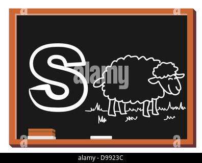 Illustration von Alphabet Buchstaben S mit einem niedlichen kleinen Schaf auf Rasen auf Tafel isoliert. S steht für Schafe Stockfoto