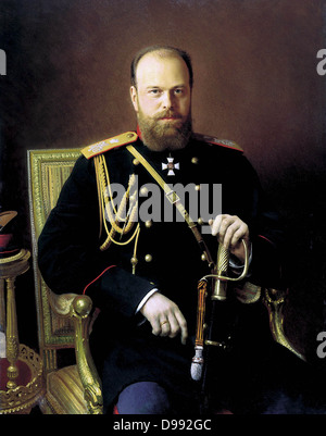 Alexander III. (1845-1894), Zar von Russland von 1881. Portrait c 1886 von Iwan Kramskoi (1837-1887), russischer Maler. Drei Viertel Bild von Alexander in Uniform, die Hand auf Schwert, Sitz freuen. Stockfoto