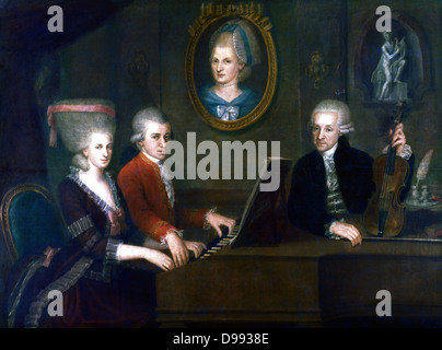 Wolfgang Amadeus Mozart mit seiner Schwester Maria Anna und Vater Leopold in frot der ein Porträt der Mutter der Kinder, Anna Maria. Von Johann Nepomuk della Croce, 1780 lackiert Stockfoto