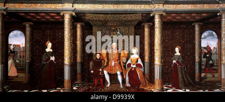 Die Familie von Henry VIII: eine Allegorie des Tudor Nachfolge. Öl auf Leinwand. Henry VIII (28. Juni 1491 - 28. Januar 1547), war König von England ab 21. April 1509 bis zu seinem Tod. Er war auch Herr von Irland (später König von Irland) und Antragsteller dem Königreich Stockfoto
