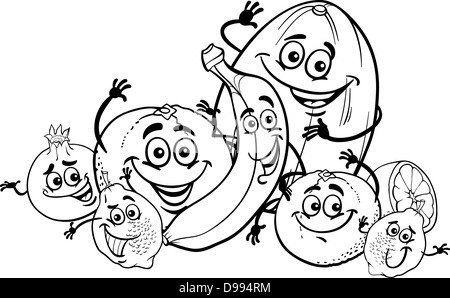 Schwarz / Weiß Cartoon Illustration von lustigen Zitrus und tropischen Früchten Lebensmittelgruppe Zeichen für Malbuch für Kinder Stockfoto