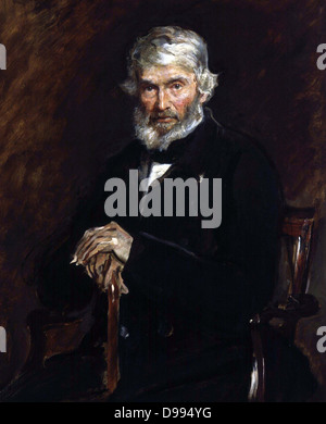 Thomas Carlyle 1877 von John Everett Millais (1829-1896), englischer Maler. Thomas Carlyle (1795-1881) Schottischer satirischer Schriftsteller, Essayist und Historiker. Drei viertel länge Portrait von Thema sitzen, freuen. Stockfoto