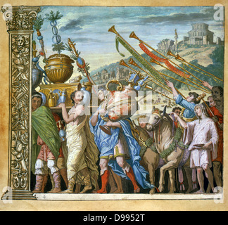 Der Triumph des Julius Caesar, Andrea Andreani (1540-1623), italienische Holz Stecher. Platte 4 von seinem 'Triumphus Caesari 'c 1598, nach Andrea Mantegna (1431-1506) italienischer Künstler. Trompeter folgenden Trophäen im Triumphzug. Stockfoto