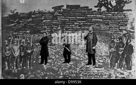 Maximilian I. von Mexiko (1832 - 1867), Tomás Mejía, und Miguel Miramón und Erschießungskommando, auf Foto von ihrem Ort der Ausführung überlagert, in Querétaro. Maximilian. Kaiser von Mexiko (1864-1867). Stockfoto