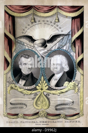 Eine von mehreren Kampagnenbanner Nathaniel Currier ist bekannt für die Demokraten im Jahr 1844 produziert zu haben. Es verfügt über Zwei Lorbeer - Wreathed, ovalen Porträts von demokratischen Präsidentschafts- und vice-Präsidentschaftskandidaten James K. Polk (links) und George M. Dallas (rechts). Stockfoto