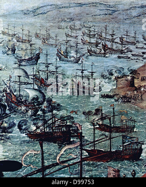 Im April 1587 besetzt einen Streifzug durch die Engländer Sir Francis Drake im Hafen von Cadiz für drei Tage. Der Angriff verzögert das Segeln der spanischen Armada um ein Jahr. Zurbaran, Francisco de "Der Angriff auf Cádiz" (Detail) 1634 Museo del Prado Stockfoto